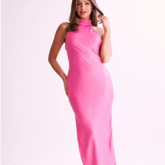 Meshki Satin Drape Back Maxi Dress with Split - Pink / XS - Picture 3 of 12
